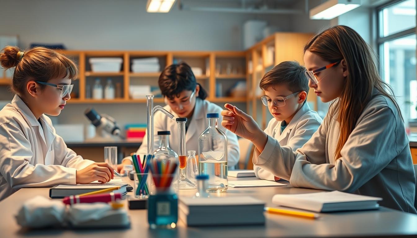 Students studying together in modern classroom